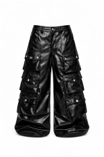 Calça Super Cargo de Couro Unissex 12 Bolsos Preta