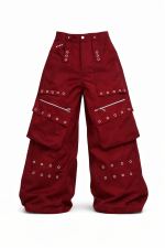 Calça Cargo Brim Bordô Com Bolsos Utility